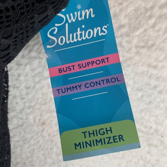 Swim Solutions Women's Tummy Control Flyaway Black Crochet Swimdress Size 10 NWT - Picture 4 of 11